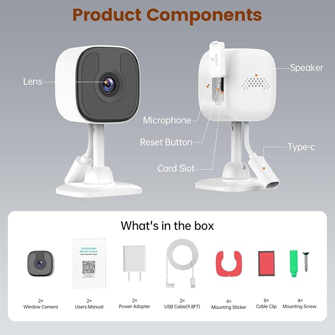 2 Pack 3MP 2K Window Camera，2.4Ghz & 5Ghz WiFi Wireless Indoor & Outdoor Cameras for Home Security with Enhanced Color Night Vision,Mounting Sticker,Person & Motion Detection