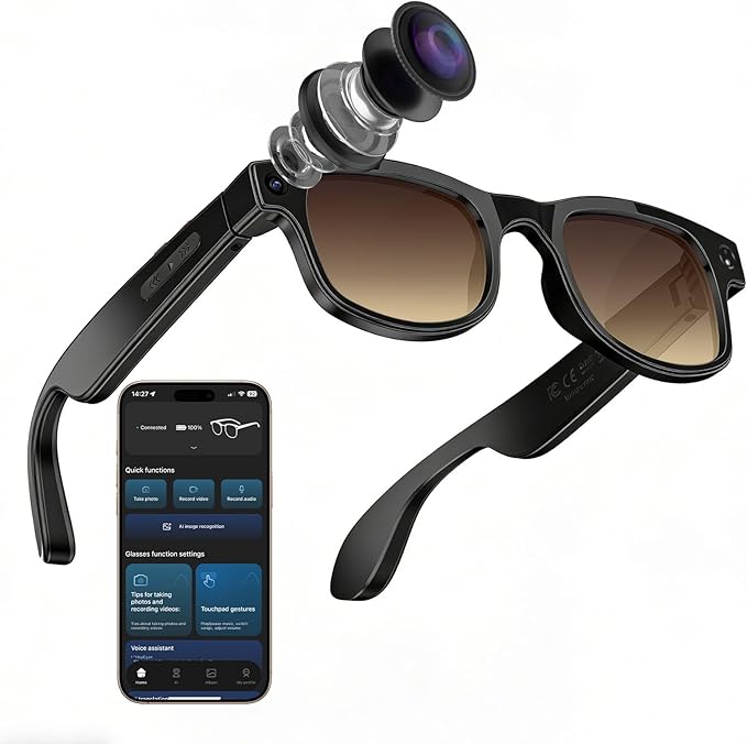 CJkao Smart Glasses with Camera for Men, Video Recording, Voice Recording, Voice Assistant Control, Bluetooth Music, AI Glasses for Teenager