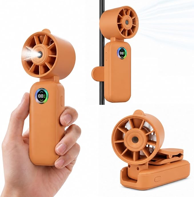 Clip-On Portable Fan with Misting, 4000mAh Up to 12H Battery Life Hand Mini Foldable Fan, 360° Rotating USB Rechargeable Turbo Quiet Stroller Fans for Travel Outdoors and Office Use (Orange)