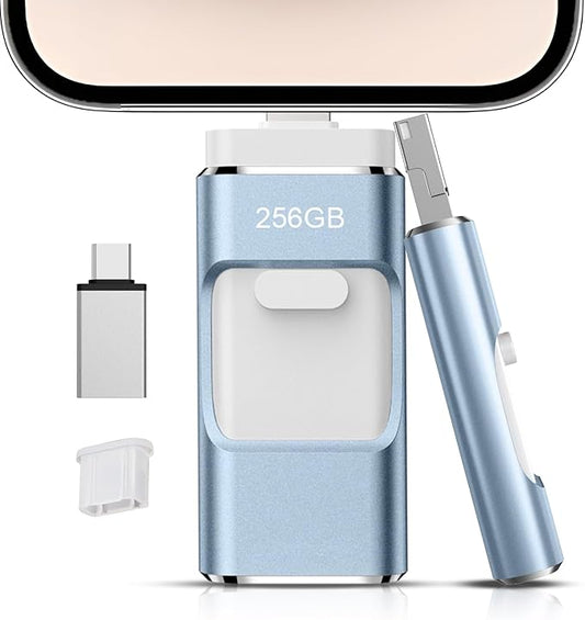 256GB Flash Drive[No App Required] Intended for Phone Tablet Androidphone and Computers, 4 in 1 Photo Stick for Phone Memory Storage Easily Backup Photos Videos（Royal Blue）