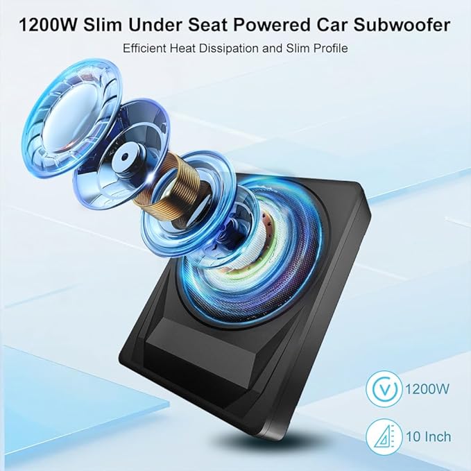 litillbuly 1200W Car Subwoofer,10 Inch Slim Under Seat Car Subwoofer and Amp Package Powered Subwoofer for Car/Truck, High/Low Level Inputs Remote Control Enhanced Bass,Perfect for Truck/SUV/Jeep/MPV