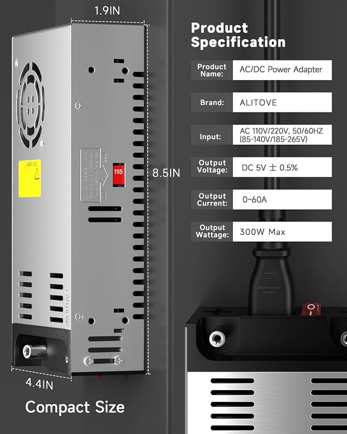 ALITOVE 5V 60A Power Supply 300W AC to DC Converter 110V to 5 Volt 60 Amp Switching Power Supply Adapter Transformer LED Driver for WS2812B WS2811 LED Strip Pixel Light CCTV