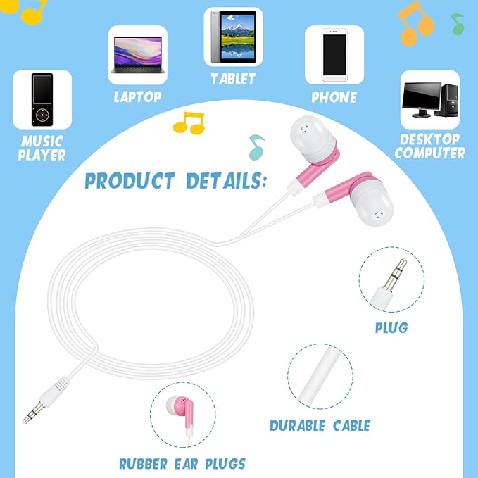 Kigeli 100 Pack Kids Bulk Earbud Headphones for Classroom Student Wired Headphones in-Ear Earbud 3.5 mm Disposable Earphones Set for Kids Adults Class School Library Museum Laptop(Multicolor)