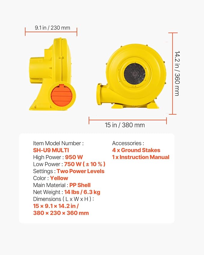 VEVOR Inflatable Blower, Electric Air Blower, Bounce House Blowing Pump, Commercial Corded Fan Pump for Castle Wate Slides Water Slide Bouncy Castle