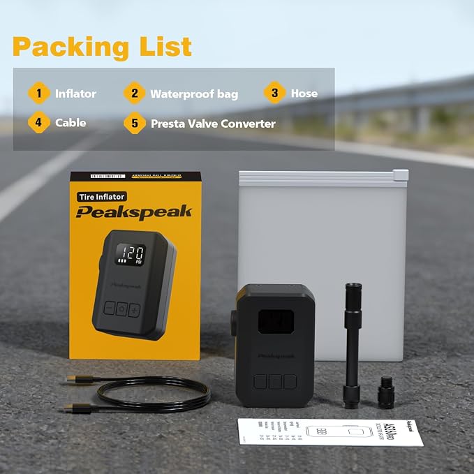 Peakspeak Mini Electric Bike Pump AS260PRO, 120PSI Portable Bicycle Pump with Gauge & Auto Stop, USB-C Rechargeable, Precision Inflation for Presta/Schrader Valves, Road Bike, MTB & Motorcycle