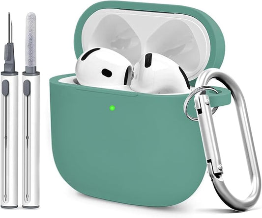 for AirPods 4th Case Cover, Soft Silicone Case with Cleaner Kit, Keychain, Full Protection for Men and Women, Compatible with AirPods 4th Generation (Pine Green)