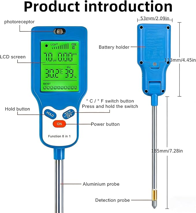 8-in-1 Soil Moisture Meter, Upgraded pH Tester with Backlit LCD, Digital Plant Monitor for Moisture, pH, Fertility, Light, Temp (℃/℉) & Humidity, for Garden, Farm & Indoor