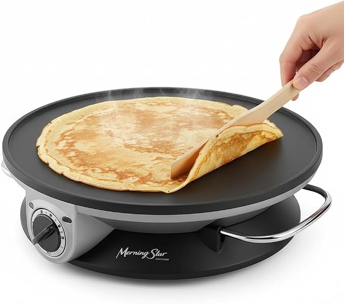 Morning Star 13" Electric Crepe Maker, Nonstick Pancake Griddle, Adjustable Temperature Control with LED Indicator Lights, Includes Spatula & Batter Spreader, Quick Cleanup, Stainless Steel