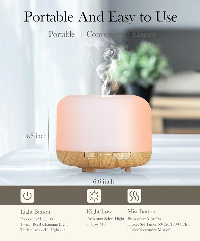 Essential Oil Diffuser 500ml-Humidifier,Aroma Diffuser for Home with 7 Colors Light,Remote Control Air Diffuser for Large Room,Bedroom,Office(Light Wood)