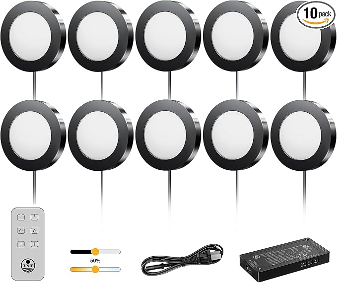 VST Under Cabinet Lights CCT 3000K-6500K, LED Puck Light Color Temperature and Brightness Adjustable with Touch Remote Dimmer ETL-Listed LED Driver for Drawer Wardrobe Kitchen (10Pcs Black)