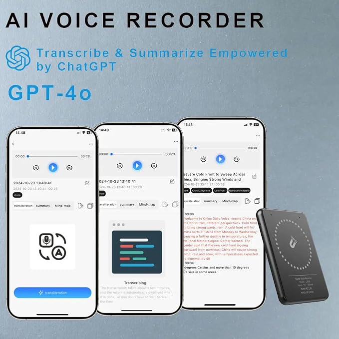 AI Voice Recorder Free Chat GPT-4o AI Hours, Wireless Transcription Device, Speech to Text, Smart AI Note Taking Assistant. 59 Language Translator, AI Transcribe & Summarize Lectures, Meetings, Calls