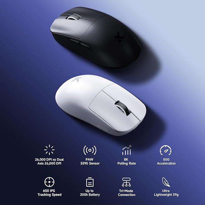 MCHOSE L7 Pro Wireless Gaming Mouse Super Light 39g, Gaming Mouse Esport with 26K DPI, Optical Switch, Programmable Buttons, Dual 8K Polling and PAW3395 Sensor, Tri-Mode Connection, PC/Mac - White