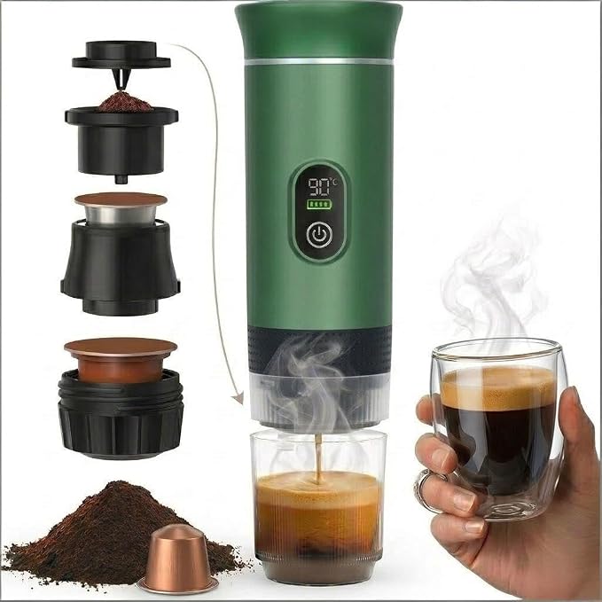 Portable Coffee Maker, Self-Heating Rechargeable Coffee Maker, 20-Bar On The Go Espresso Maker for Car & Camping, 3-in-1 Mini Electric Travel Machine for Ground Coffee & NS Capsules (green)