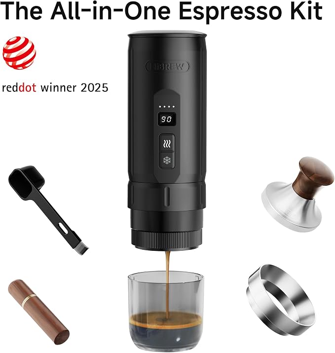 HIBREW H4C Ultra Portable Electric Espresso Maker, 51mm Bottomless Professional Coffee Maker, USB-C Rechargeable for Ground Coffee, Compact for Camping and Travel, with Foldable Holder & Carrying Case