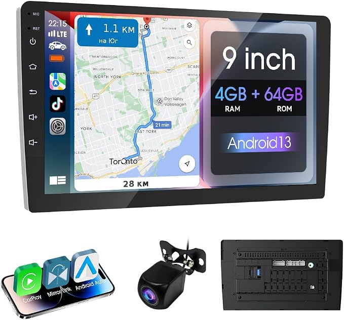 Haudio 9" Wireless Double Din Car Stereo,Apple Carplay an Android Auto 8 cores Radio Screen,Support Mirror Link,Bluetooth 5.0,FM/AM,Aux Input Car Audio Receivers,2 Din Autoradio with Backup Camera
