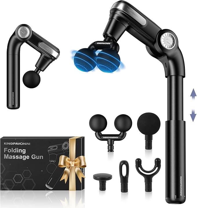 KingPavonini Foldable Massage Gun with Dual-Ball Head, Adjustable Head & Extendable Handle, Handheld Back Massage Gun Deep Tissue for Pain Relief, Portable Percussion Massager Gun, Gift for Men Women