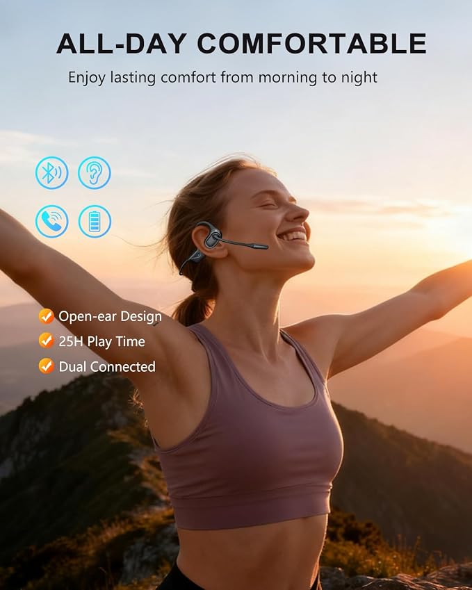 Open Ear Headphones with Mic, 28g Sweatproof Bluetooth Headset with Noise Cancelling & Mute, 20H, Dual Connect, Trucker Bluetooth 5.4 Wireless Headset with Mic for Work, Workout, Driving Call