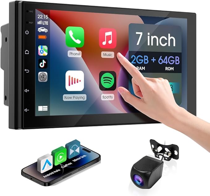 Haudio 7" Upgrade Wireless Double Din Car Stereo with Carplay, Android Auto, Bluetooth5.0, RCA,HD Touchscreen Car Radio, Backup Camera, SWC, FM/AM,Audio Receiver|Double din Car Radio