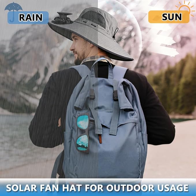 Solar Fan Hat Rechargeable 2Detachable Solar Fans,Water-Repellent Wide Brim Bucket Hat, Outdoor Camping Hiking Golf Sun Hat