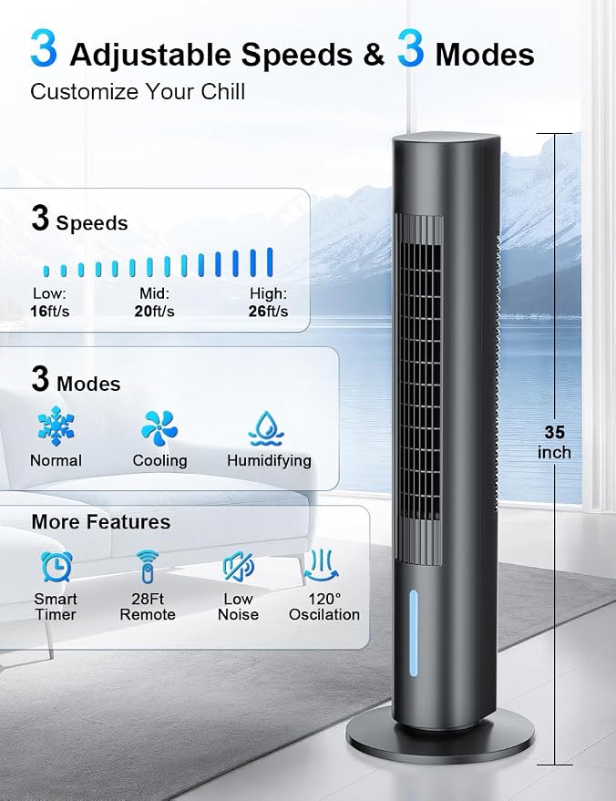 Windowless Air Conditioner, 35" Evaporative Air Cooler with 3 Speeds & 3 Modes, 25ft Remote & Smart Timer, 120°Oscillating Swamp Cooler No Window Needed Portable Air Conditioners for Bedroom