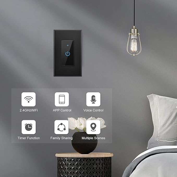 Smart Light Switch 2.4GHz WiFi Light Switch Compatible with Alexa and Google Home, Single Pole, Needs Neutral Wire (Black)