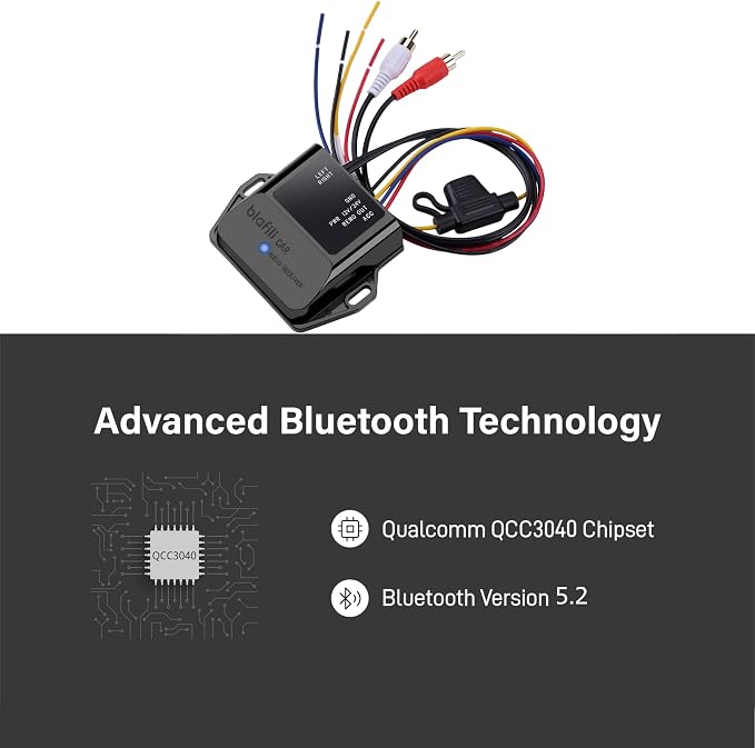 CAR Bluetooth Receiver with RCA Output for Car, Truck & Marine | Bluetooth 5.2, aptX Adaptive HD, 12V 24V compatible, ACC wire required, audio activated remote output, no micphone