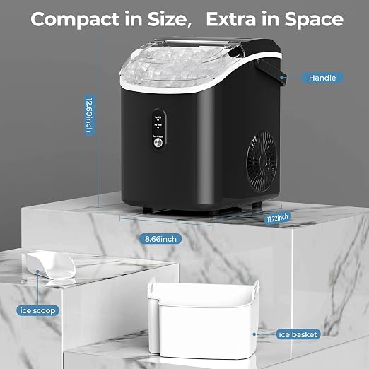 Nugget Ice Maker Countertop, 35.5Lbs/24Hrs Chewable Sonic Ice Machine with Self-Cleaning, Handle, Water Tank, Quiet Operation & Portable Pellet Ice Maker for Home, Office, Kitchen, Bar, Black