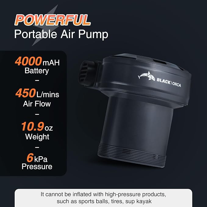 Portable Air Pump for Inflatables, 6 kPa Electric Air Pump with 4000 mAh Battery USB Rechargeable, Quick Inflate Deflate for Air Mattress, Pool Floats, Vacuum Storage Bags