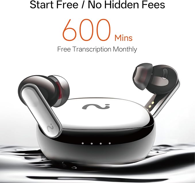 Nano+ AI Voice Recorder Earbuds: Pocket Note Taker for Meetings, Calls & Lectures. Real-time Transcription, 45dB Hybrid ANC, AI Assistant for Productivity, AES-256 Secure, Silver