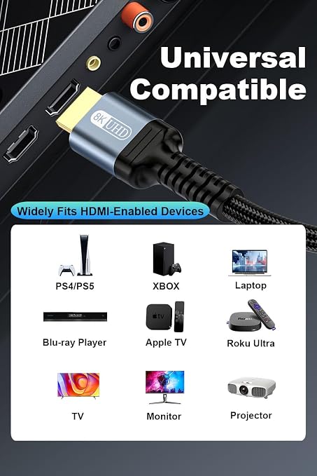 10K 8K 4K HDMI 2.1 Cable 6ft, 48Gbps Ultra High Speed HDMI Cable Braided Cord-8K@60Hz 4K@120Hz, Dynamic HDR, eARC, HDCP 2.2&2.3, 3D, for TV/Laptop/Monitor/PS5/Xbox/Projector/Entertainment/Sound System