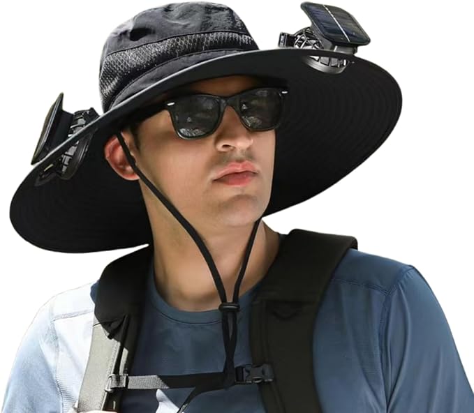 Wide Brim Solar Fan Outdoor Fishing Hat,Waterproof Hat with Two Solar Fan for Men/Women,Solar Fan Hat UPF50+