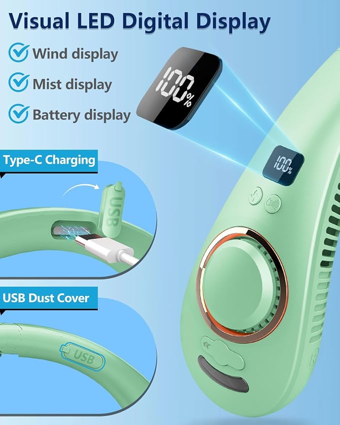 Neck Fan that Blow Cold Air with Water Mist, Rechargable USB-C & LED Display, Personal Ventilador de Agua de Aire Frio, Mobile Portable Wearable AC Fans for Kid Girl Mens Outdoor Travel Sports, Green