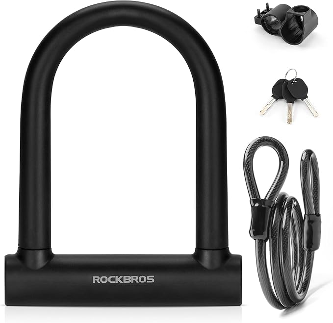 ROCKBROS U Lock Bike U Lock with Cable Heavy Duty Anti Theft Bike Lock U-Lock 4 ft Cable Mounting Bracket for Bikes eBikes Motorcycles Scooters
