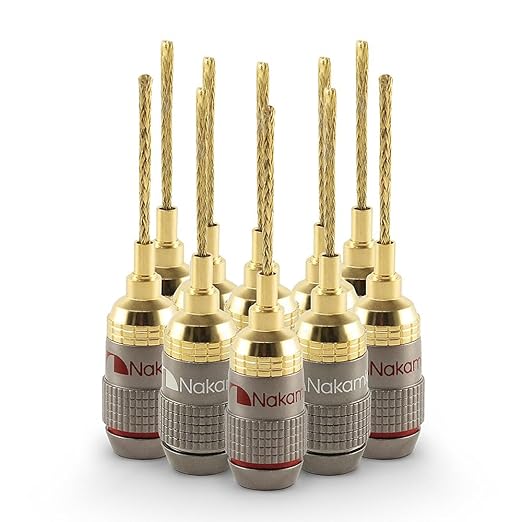 Nakamichi FanLock Excel Series 24k Gold Plated 2mm Flex Pin Banana Plugs 10 AWG - 18 AWG Gauge Size for Spring Clip Terminal Speakers Amplifier Hi-Fi Wire Cable Quick Connector, 10 Pcs (5-Pairs)