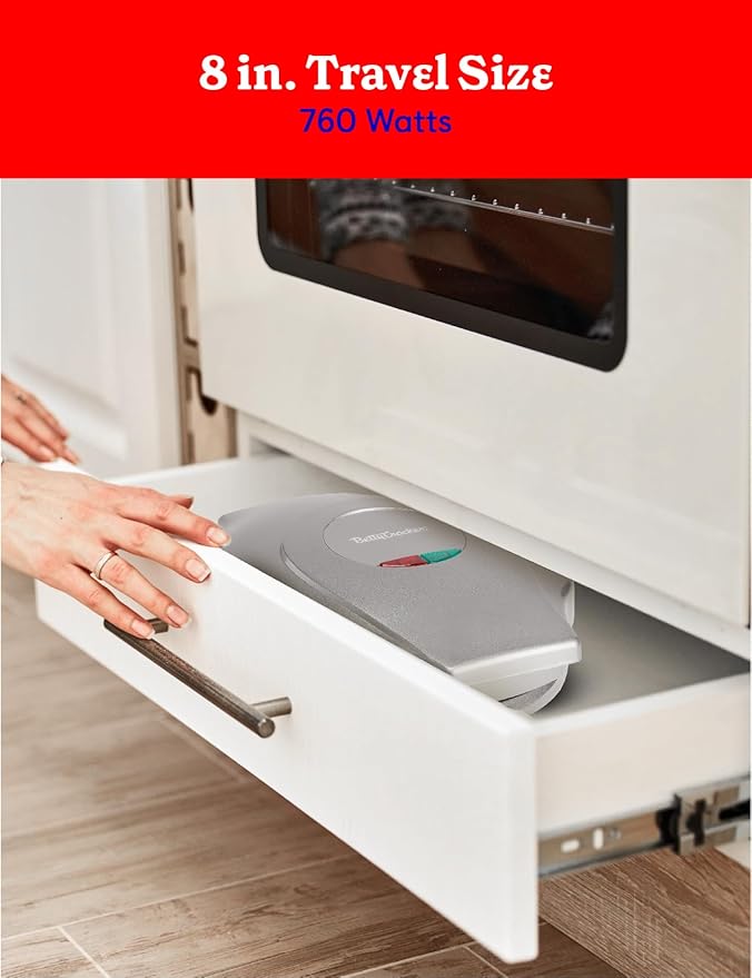 Betty Crocker 8" Travel Pizza Maker Plus, Indoor Electric Grill With Insulated Travel Bag, Nonstick Pan for Pizzas, Quesadillas, Nachos and more, Pizza Machine for Delicious Meals and Snacks, Silver