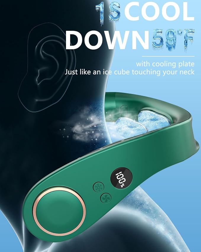 Neck Coolers with Cold Cooling Plates, LED Display & 5 Fan Speeds, Quiet Rechargeable AC Neck Cooler, Hands-Free Hanging Battery Powered Necklace Fans for Women Men Kids Indoor Outdoor, Dark Green