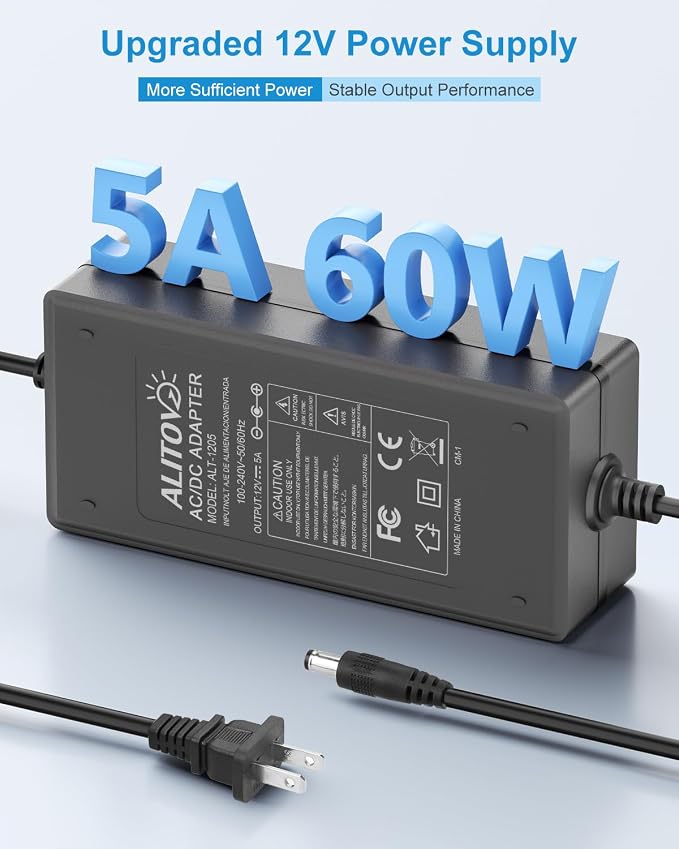 ALITOVE Upgrade DC 12V Power Supply 5A AC Adapter 100~240V 50-60hz to 12 Volt Power Adapter 60W Max 5Amp 4A 5.5x2.1mm Plug with Wire Terminal for LED Light CCTV Security Camera PC Monitor (5 Pack)