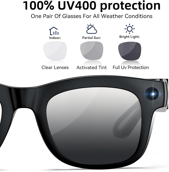 AI Smart Glasses with HD Camera, BT Call, 8MP Anti-Shake Camera Glasses with 1080P Video Recording Dual Mic, Simultaneous Interpretation/GPT Identify Objects, Photochromic Lens