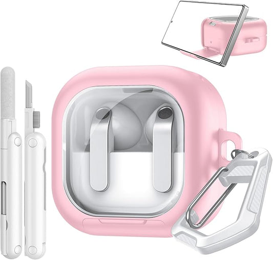 TiMOVO Clear Case for Galaxy Buds 4 & Galaxy Buds 4 Pro (2026) with Secure Lock, TPU Hard Shell Transparent Cover for Samsung Buds 4 Pro with Phone Stand Function, Cleaning Kit & Keychain, Pink