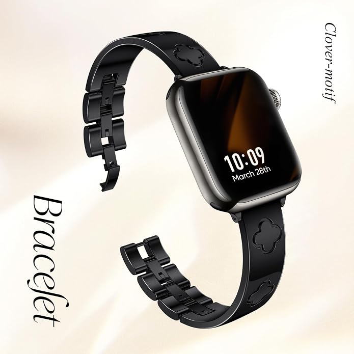Missair Compatible with Apple Watch Band 38mm 40mm 41mm 42mm 44mm 45mm 46mm 49mm, Four Leaf Lucky Bracelet Women Dressy Stainless Steel Metal Clover Strap for iWatch Series 11 10 9 8 7 6 5 4 SE Ultra