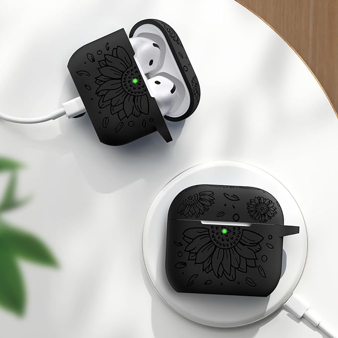 Lerobo for Airpods 4 Case Cover, Floral Engraved Soft Silicone Protective Case with Cleaning Kit & Keychain Compatible with Apple AirPods 4th Gen 2024 for Women,Wireless Charging & LED Visible,Black