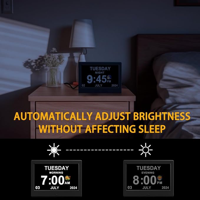 (No Power Adapter Alarm Clock with Day and Date for Elderly 7inch Digital Calendar Clock Photo Frame- Auto Dimmable Display 15 Alarm Options, Clock with Non-Abbreviated Day & Month