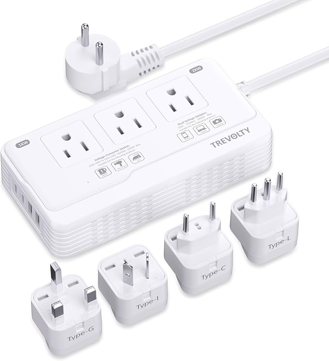 2000W Voltage Converter US to Europe for Hair Dryer, 220V to 110V Converter for European Travel Plug Adapter with 3 AC 2 USBC 2 USBA Ports, Travel Essential with EU UK IT AU Plug (White)