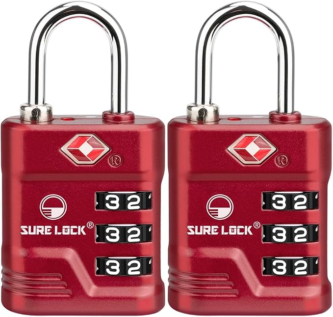 SURE LOCK TSA Approved Luggage Lock – 3-Digit Resettable Combination Padlock with Open Alert Red Dot, Large Easy-Read Dials for Suitcases, Backpacks, Gym & School Lockers(Red 2 pk)