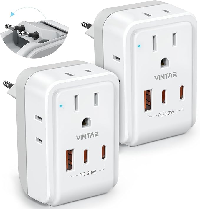 2 Pack European Travel Plug Adapter, VINTAR PD 20W Foldable Type C Adapter with 4 AC Outlets 3 USB Ports(2 USB C), Travel Essentials Charger for US to Most of Europe EU Italy Spain France