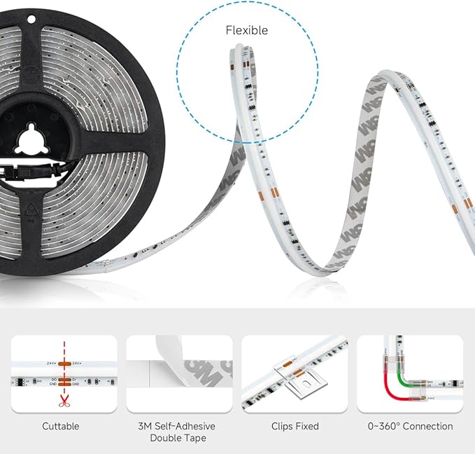 BTF-LIGHTING COB LED Strip Light,WS2811 Dual IC RGBCCT LED Strip Kit,UL Listed High Density Chasing IC RGB+Tunable White 3000K-6000K DC24V 9.8FT Bluetooth Music Controller for Home Indoor DIY Decor