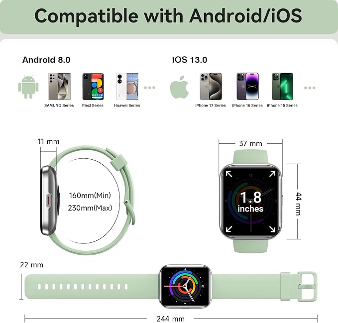 aeac Smart Watches for Women Men, 1.85" HD Smart Watch for Samsung/iPhone/Android, Fitness Tracker with 24/7 Heart Rate/Sleep/SpO2 Monitor, Smartwatch 120+ Sports Modes 3ATM Waterproof, Green