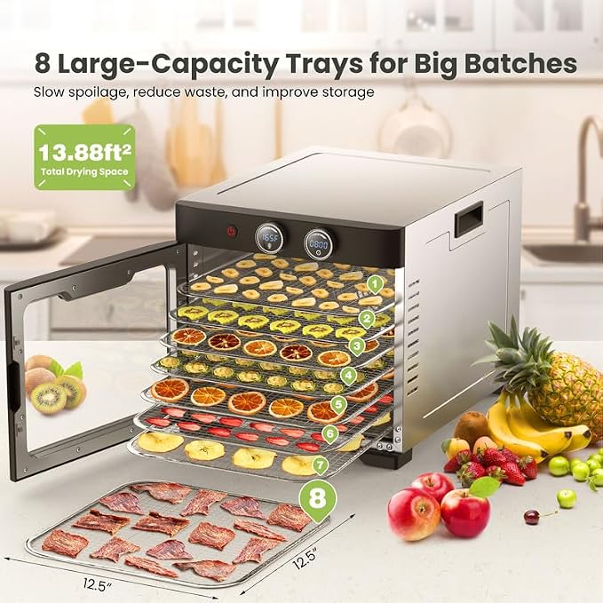 Household Food Dehydrators Machine with 8 Stainless Steel Trays Hold 10 lb Meats 24 H Digital Timer 194 °F Temperature Control Commercial Dryer for Jerky Meat Herb Fruit Vegetables Beef Black Knight