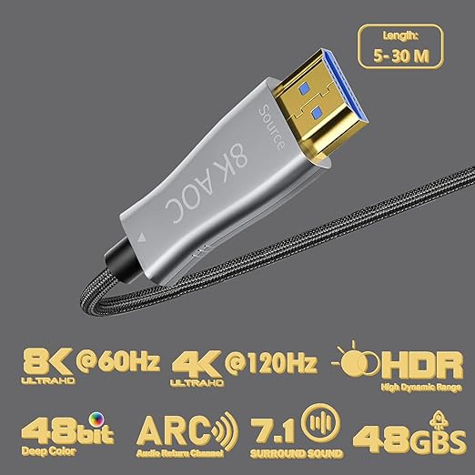 HDMI Fiber Optical Cable 65Ft, High Speed 48Gbps HDMI 2.1 Cord Support with 8K@60Hz 4K@120Hz Dynamic HDR10,eARC,HDCP2.2