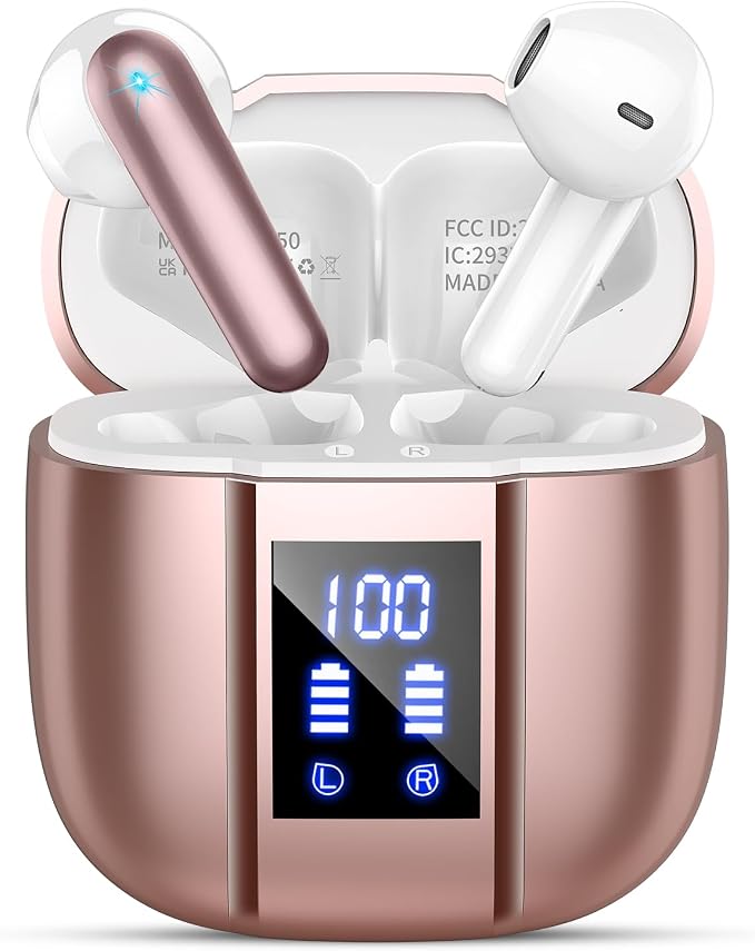 Wireless Earbuds, Bluetooth 5.4 Headphones, 48H, Stereo Ear Buds, LED Display Earphones with Mic, IP7 Waterproof In EarBud, Comfort Fit, Bluetooth Earbuds for Phone Android iOS, Sport, Walk, ose Gold